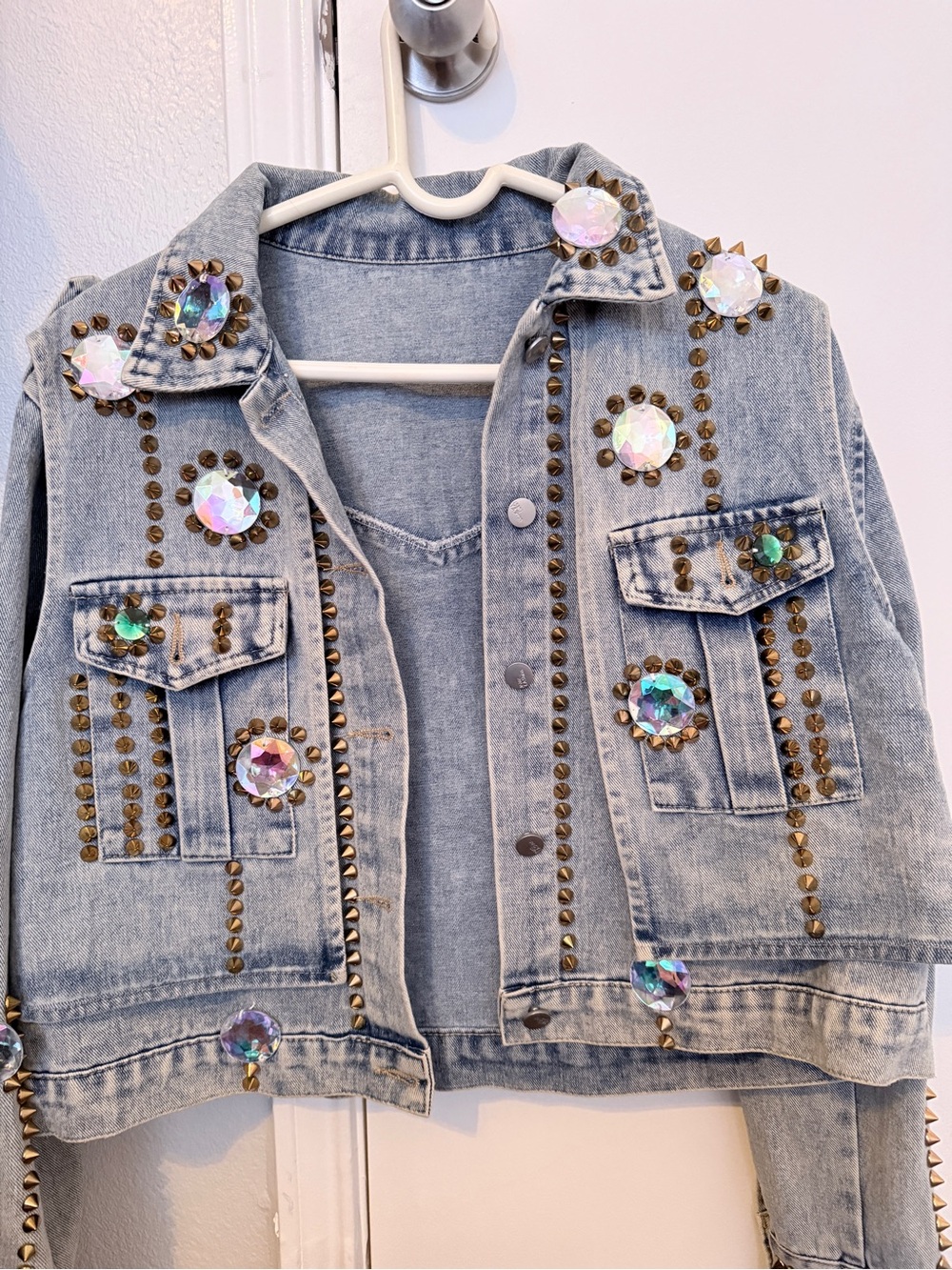 Embellished Light Wash Denim Jacket with Iridescent Gems